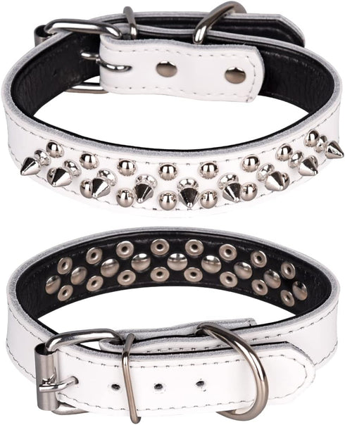 Adjustable Genuine Leather Spiked Studded Dog Collars for Small Medium Large Pets like Pit Bull, Bulldog, Pugs (L,