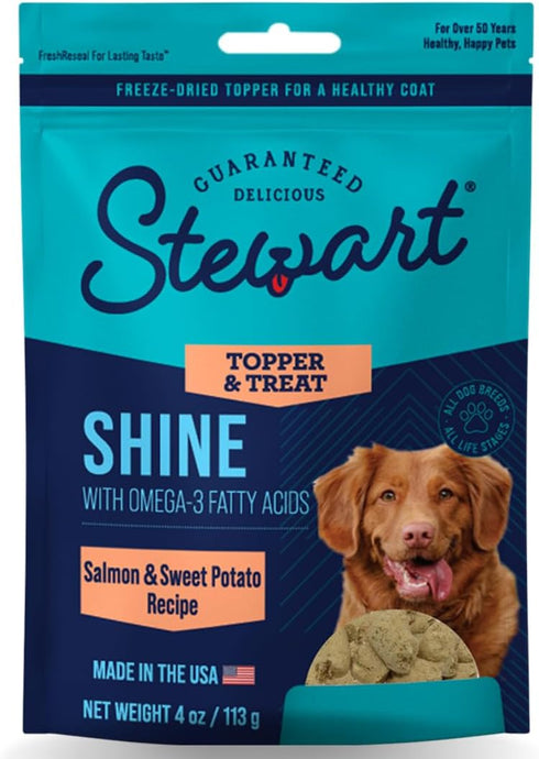 Stewart Freeze Dried Dog Food Topper, Shine, Salmon and Sweet Potato Recipe, 4 Ounce Pouch, Omega-3 for Healthy Coat