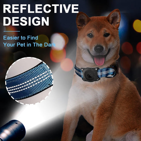 Airtag Dog Collar, Waterproof Air Tag Holder, Reflective Comfortable Padded Adjustable Collar for Heavy Duty Dogs, Blue