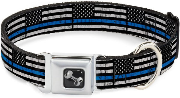 Dog Collar Seatbelt Buckle Thin Blue Line Flag, Weathered Black Gray Blue, 16 to 23 Inches, 1.5 Inch Wide