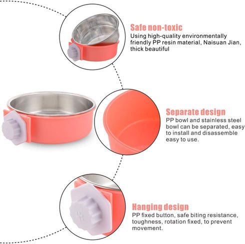 Large Crate Dog Bowl, Removable Stainless Steel Hanging Pet Bowl for Dogs, Cats, Puppies (Pink Orange)