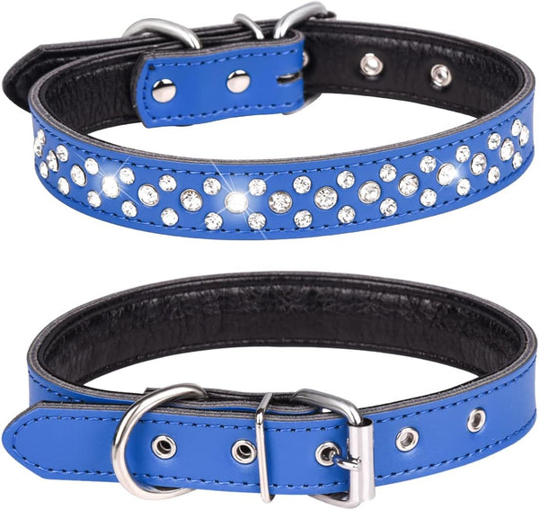 Adjustable Rhinestones Dog Collar, Sparkly Crystal Studded Genuine Leather for Small and Medium Breeds (S fit Neck