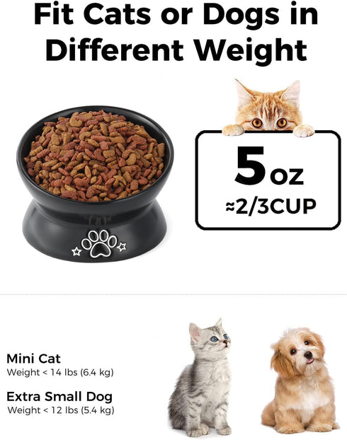 Elevated Cat Food Bowl, 5 Oz Ceramic Raised and Tilted Water Bowl, Anti Vomiting and Protect Pets' Spines Dishes for Small Dog, Fat Faced Cat, Kitten (Black Pattern, 1 Pack)
