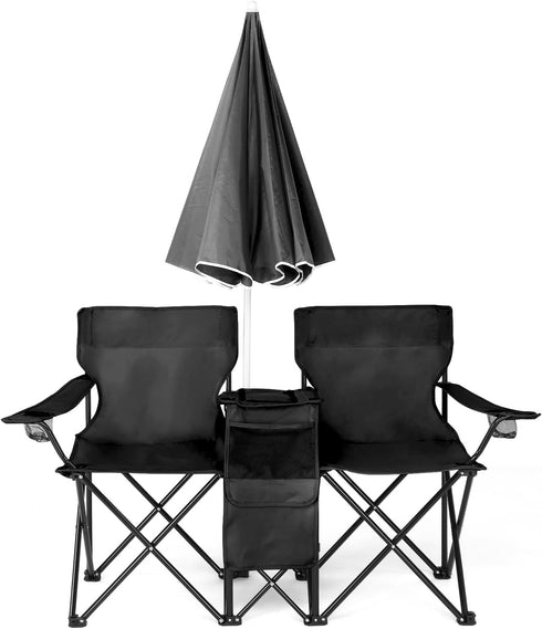 UDeuxff Folding Double Camping Chair w/Umbrella Beverage Holder Carrying Bag Cooler Fold Up Table, Large Bearing