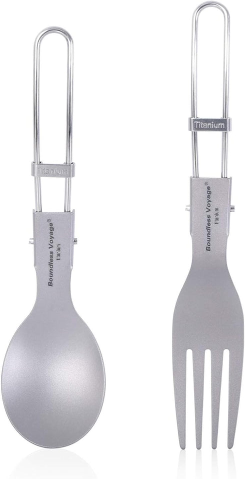 iBasingo Ultralight Titanium Spork Spoon Fork Knife with Folding Handle for Camping & Travel