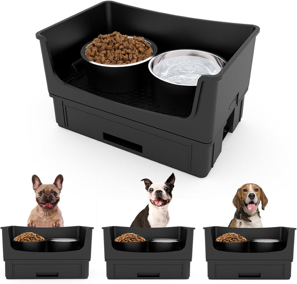 Mess Proof Dog Bowls Set, No Spill Edge Pet Feeder with 2 Stainless Steel Bowls for Medium Dogs
