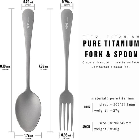 Set, (Matte-1 2pcs) TiTo Titanium Cutlery Lightweight Titanium Fork and Spoon Portable Reusable Flatware for Home