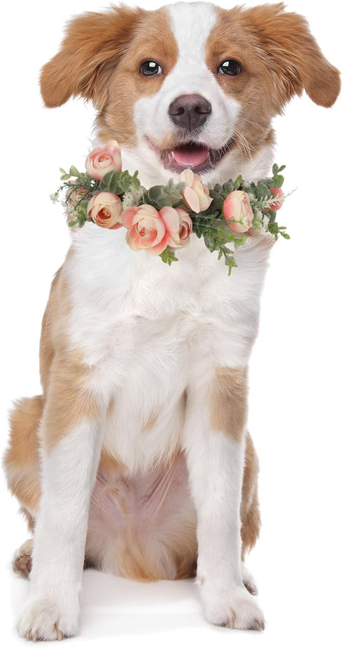 Dog Wedding Flower Collar, Pink Floral Wreath Bow for Female Pets, Valentine's Day Party Photo Props, Large