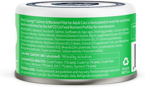 Salmon and Mackerel Pate Canned Wet Cat Food, 100% Mercury-Tested, Grain-Free Protein, 12 Pack