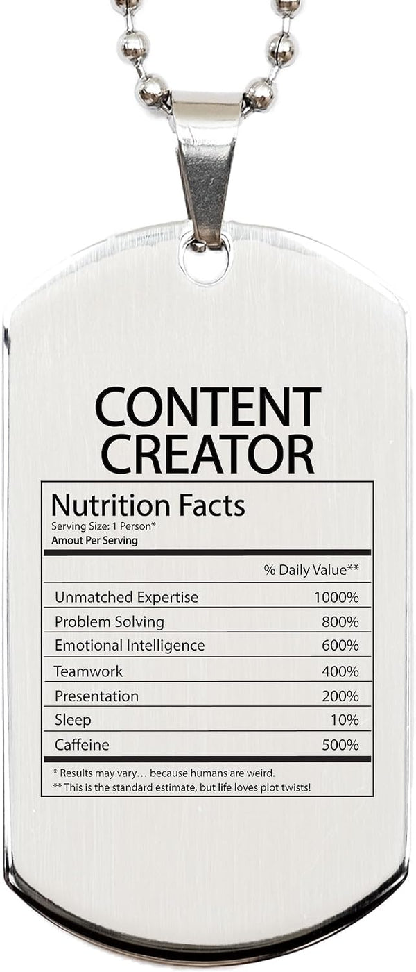 DesiDD Funny Content Creator Gifts - Nutrition Facts Dog Tag Necklace for Video