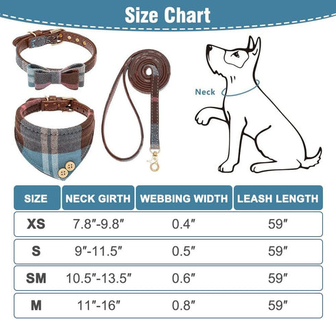 EXPAWLORER Dog Leash and Collar Set - Adjustable Cute Plaid Bow Tie and Bandana Collar, Tangle Free Leash