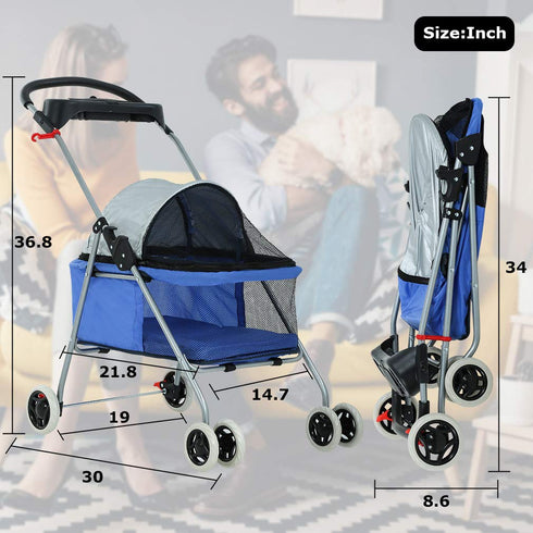 4 Pet Stroller Wheels Posh Folding Waterproof Portable Travel Cat Dog Stroller with Cup Holder,Blue
