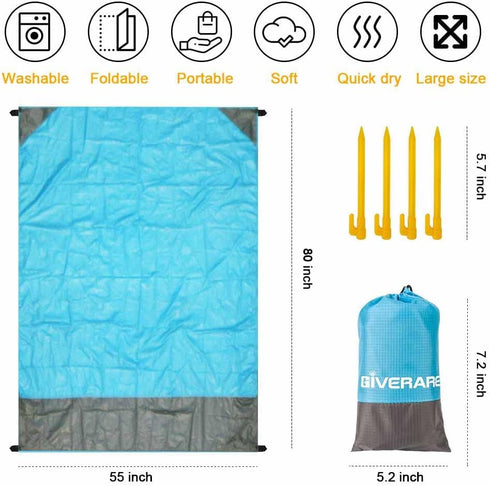 GIVERARE Sandfree Beach Blanket, Waterproof Picnic Blanket, Quick Drying Family Mat with 4 Stakes & 4 Pockets