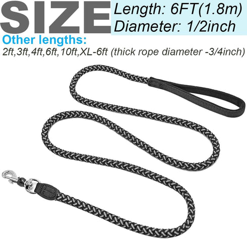 Reflective Dog Leash, Strong Nylon Rope Braided Heavy Duty for Large and Medium Dogs (Black, 6ft)