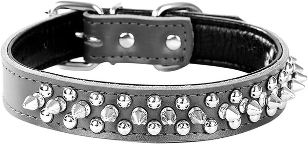Adjustable Genuine Leather Spiked Studded Dog Collars for Small Medium Large Pets (M, Black2)