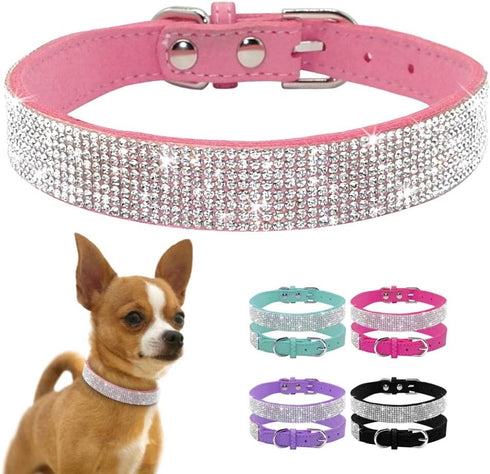 Rhinestone Dog Collar, Cute Dazzling Soft Suede Leather Dog Cat Collar, Crystal Diamond Pet Collar