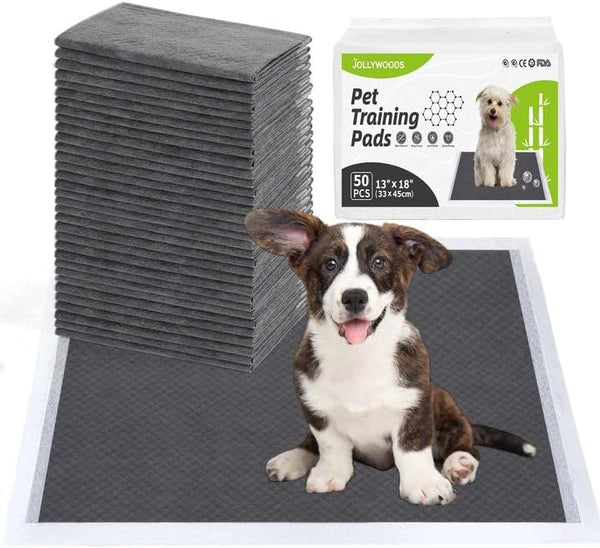 Disposable Dog Pee Pads: 13" x 18" Odor-Control Bamboo Charcoal Fiber, Super Absorbent, 50 Counts