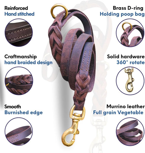 Leather Dog Leash, Heavy Duty Genuine Braided Training Leash, Soft Comfortable for Large Medium Small Dogs, Brown