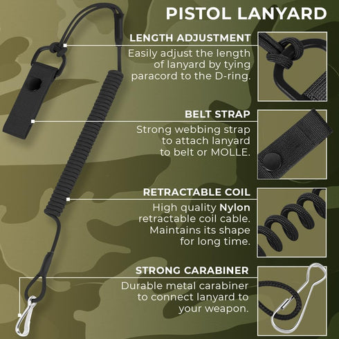 TECEUM Tactical Pistol Lanyard – 3+ Colors – Equipment Accessories for Military, Police, Security & Personal Use – Spring Safety Strap with D-Ring Keeper – Anti-Loss Elastic Coil for Belt or MOLLE