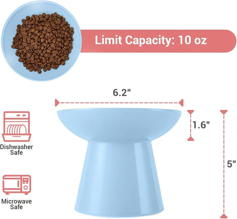 Extra Wide Elevated Cat Bowls, Ceramic Cat Food Bowl 6.2" Raised Dish, Whisker Fatigue Free, Blue