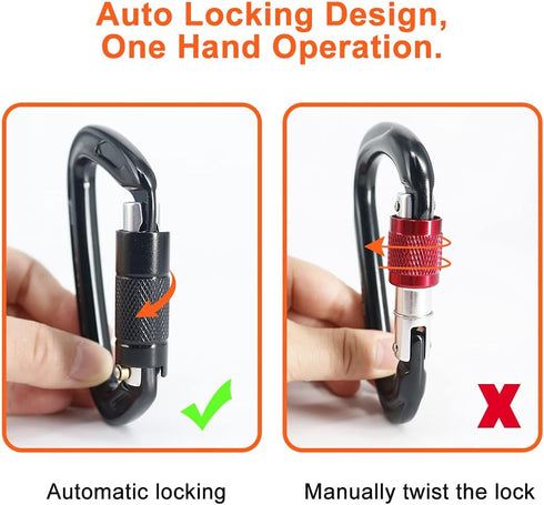 NewDoar 24KN Auto Locking Climbing Clips D-Shaped Heavy Duty for Camping, Hiking, Swing, Hammock, Black (2Pcs/24kn)