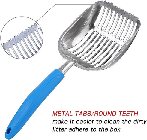 Metal Cat Litter Scoop, POLISHING Blue Handle, Aluminum Alloy with TABS/Round Teeth