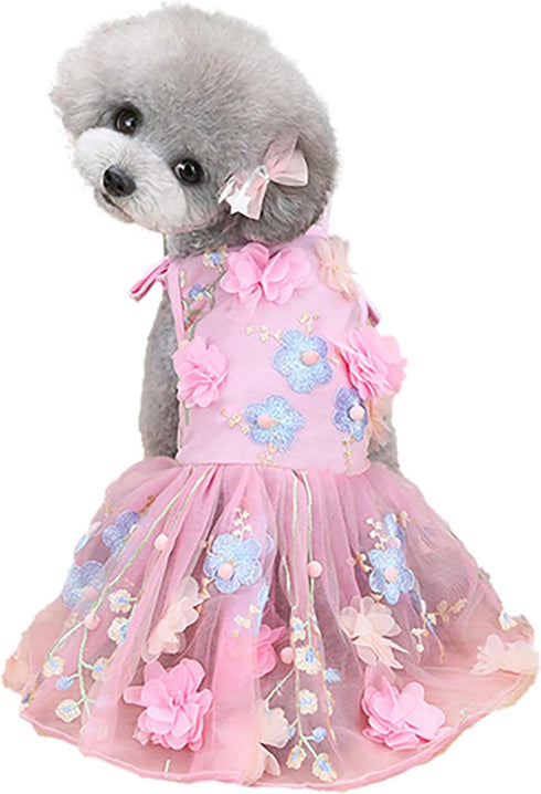 SEIS Flower Lace Dog Dress, Cat Princess Suspender Costume, Puppy Tutu Floral & Bow Clothes for Small Medium Dogs