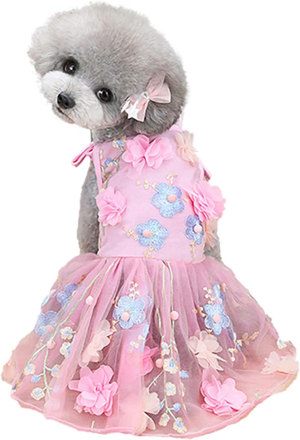 SEIS Flower Lace Dog Dress, Cat Princess Suspender Costume, Puppy Tutu Floral & Bow Clothes for Small Medium Dogs