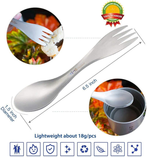 TiTo Titanium Spork 2-in-1 Spoon, Fork, Knife - Lightweight Camping Utensil for Outdoor Traveling, Hiking (Round, 2