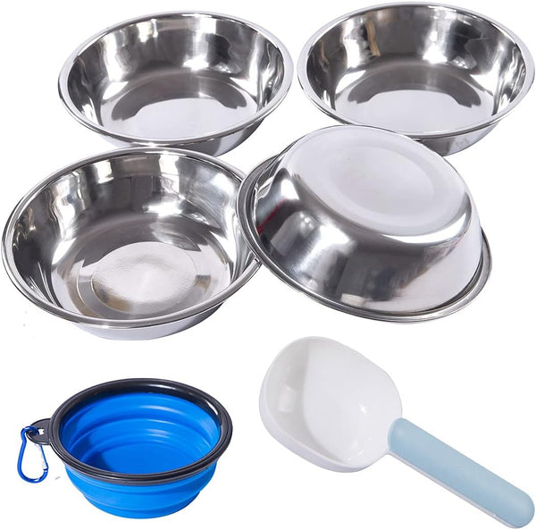 Stainless Steel Dog Cat Bowls, 4 Pack Shallow Cat Dishes for Food and Water, Metal Whisker Relief Pet Bowl for Small