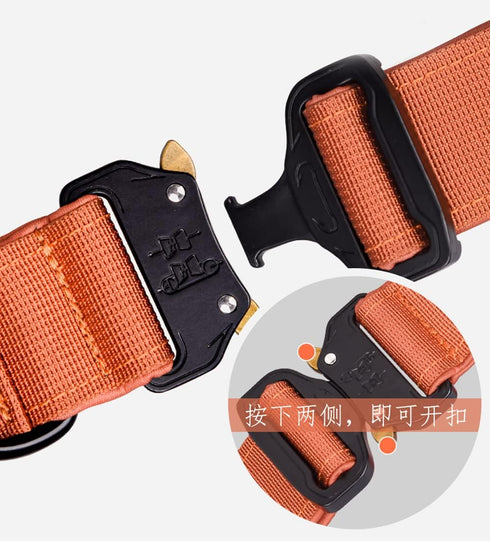 Tactical Dog Collar, Heavy Duty with Handle, Metal Buckle Dog Training Collar for Large Dogs (L, Orange)