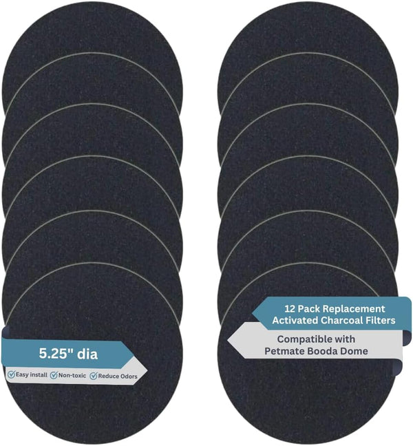 12-Pack Activated Carbon Litter Box Filters, Premium Pre-Cut Replacement for PetMate Booda Dome