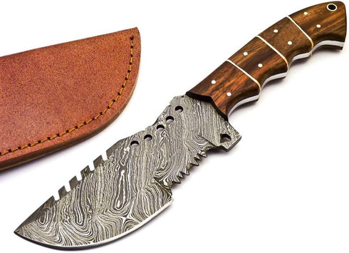 Rare Custom Blood Grooved Damascus Tracker Survival Knife with Full Tang Handle and Genuine Leather Sheath (TR-80)