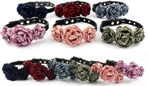 Valentines Flower Dog Cat Collar - Suede Puppy Wedding Collar for Small Dogs - Adjustable Buckle (Dark Blue, Size M)