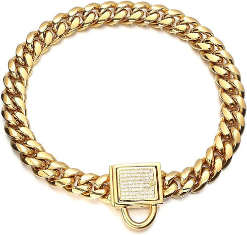 Gold Dog Chain Collar, 10mm Wide Cuban Link Puppy Collar with CZ Diamond Lock for Medium Dogs (14inch)
