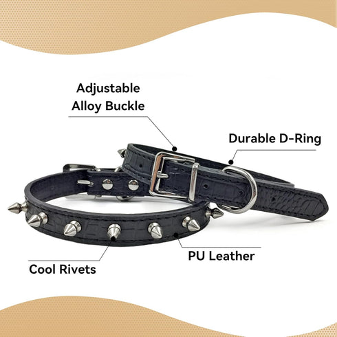 LESYPET Spiked Dog Collar - Adjustable Black PU Leather Spike Collar for Dogs, Kiten Punk Cat Collar, Size S