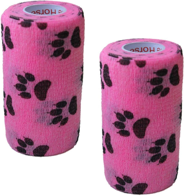 Vet Wrap Tape (Pink with Paw Prints) (2 Pack) (2 Inch x 15 feet) Self Adhesive Cohesive Bandage for Pets