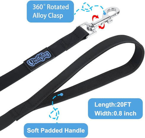 Vivifying Waterproof Dog Leash - 20FT Black Durable PVC Coated Long Leash with Soft Handle for Outdoor Use
