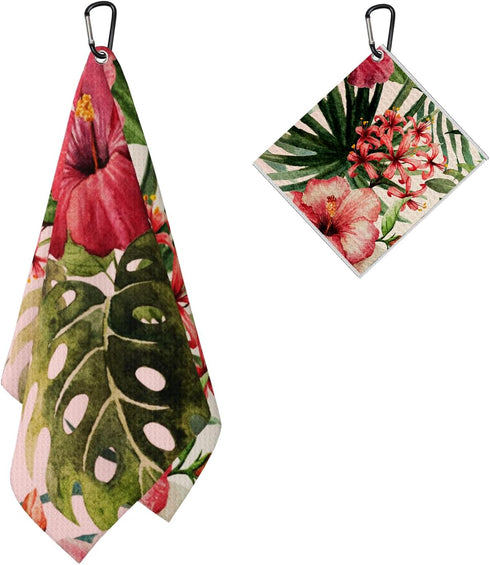 Tropical Floral Golf Towel 2 Packs, Pink Red Hibiscus Flowers Microfiber Waffle Golf Towels