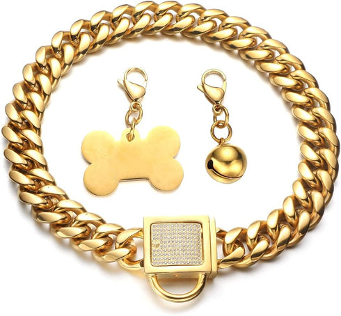 Strong Chain Dog Collar for Large Dogs, Gold Cuban Link with Bling Cubic Zirconia Buckle, 18mm Metal Chain with Gold