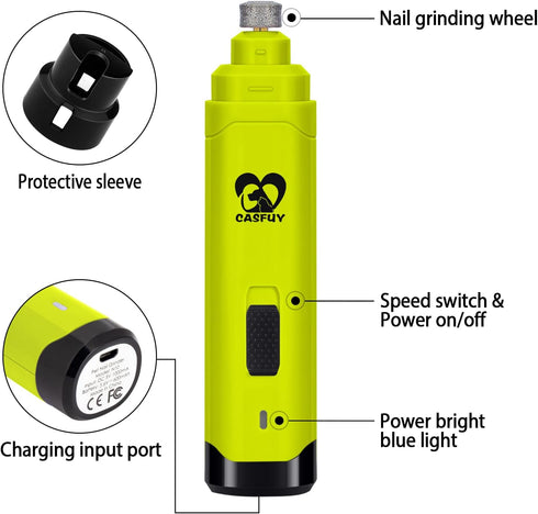 2-Speed Trimmer Casfuy Dog Nail Grinder Upgraded - Professional Whisper-Quiet Electric Pet Nail Painless Paws Grooming