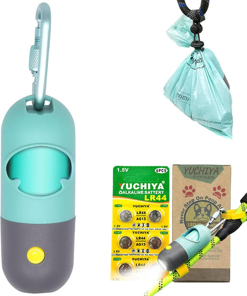 Dog Poop Bags Holder with LED Flashlight, 15 Crystal Blue Bags and 3 LR44 Batteries