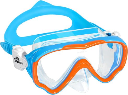 Freela Kids Swim Goggles Diving Mask for Youth 6-14, Tempered Glass Lens with Nose Cover