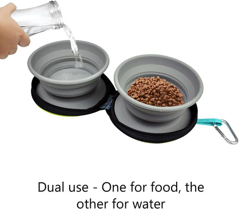 Portable 2 in 1 Pet Bowls with Zipper Carrying Case and Carabiner, Collapsible Double Travel Dog Bowls for Food and Water Feeding, Foldable Camping Dog Cat Bowl
