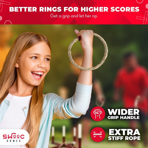 Setup Swooc Games - Rustic Ring Toss Game (All Weather) - Easy & Extra Games Included - Ring Toss Game for Adults