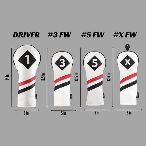 Majek Retro Golf Headcovers | White Red and Black Vintage Leather Style 1 3 5 X Driver Fairway Covers