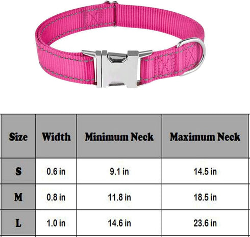 Reflective Dog Collar with Metal Buckle, Adjustable Safety Nylon for Small Medium Large Dogs, ID Tag Ring Included