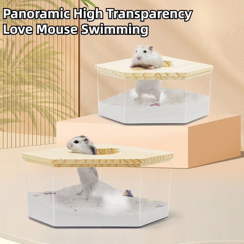 Copfeu Hamster Sand Bath Box Container, Mini Pet Sandbox Lid Design Take Bath Wooden Sandbox Dust Bath, Transparent