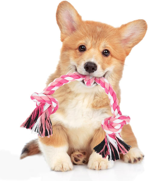 Dog Rope Toys - 3 Knots Chew Rope Toy for Medium and Small Dogs, Natural Cotton for Tug of War and Teeth Cleaning (Pink)