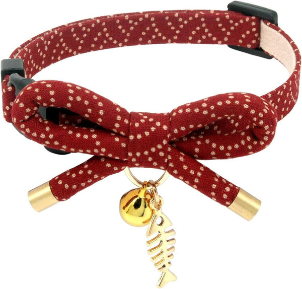 PetSoKoo Cute Bowtie Cat Collar with Bell, Red - Japanese Stylish Bowknot & Fish Charm, Safety Breakaway